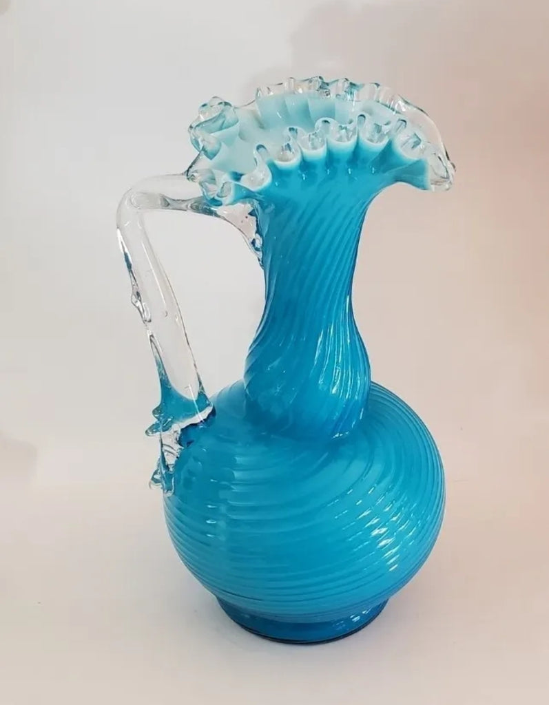 Vintage Victorian Satin Ocean Blue Swirl Cased Glass Ruffled Pitcher 7" Tall