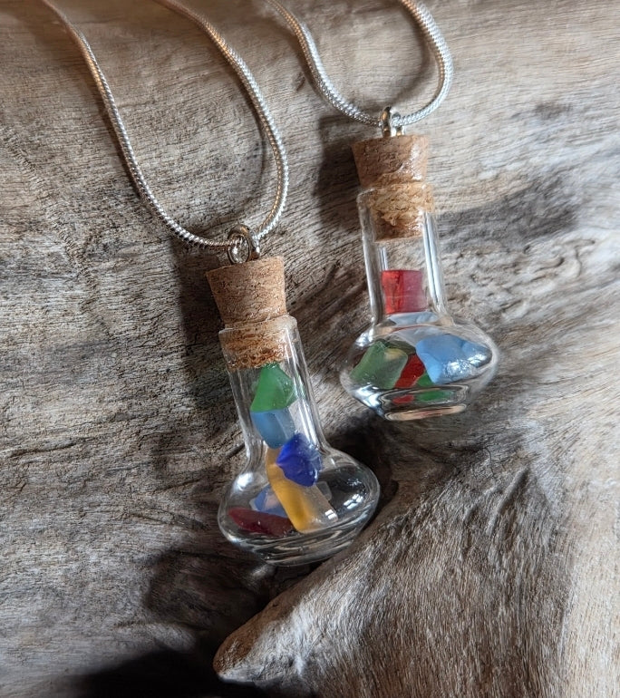 2 Jeannie / Genie Bottle Pendants with Sea Glass & Silver Chains