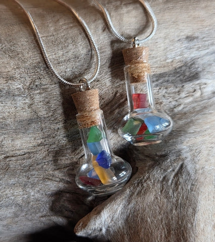 2 Jeannie / Genie Bottle Pendants with Sea Glass & Silver Chains