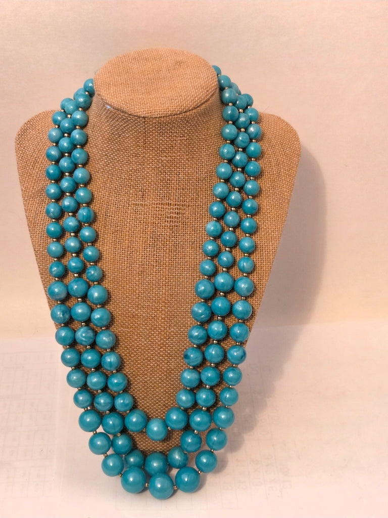 TRIFARI  BEAUTIFUL VINTAGE COASTAL BLUE "TRIFARI" 3 STRAND BIB NECKLACE!