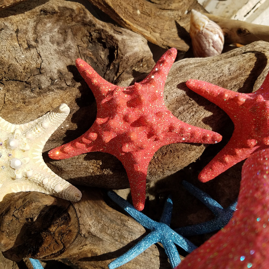 PAIR Glamourized SHIMMERING CORAL or BLUE Starfish with Swarovski Crystals!