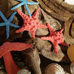 PAIR Glamourized SHIMMERING CORAL or BLUE Starfish with Swarovski Crystals!