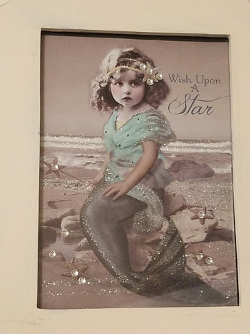 Vintage Style Young Mermaid Print * SWAROVSKI CRYSTAL ACCENTS -