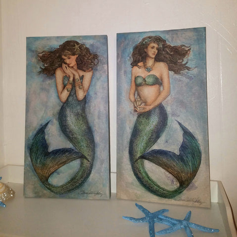 TALL PAIR OF MERMAIDS ON CANVAS! 17" TALL X 9" WIDE!