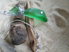 GREEN SEA GLASS PENDANT with SWAROVSKI CRYSTAL & Sterling Chain ONE OF A KIND