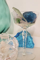 FANCY VINTAGE CHAMPAGNE COUPE WITH 1/4 LB SEA GLASS!