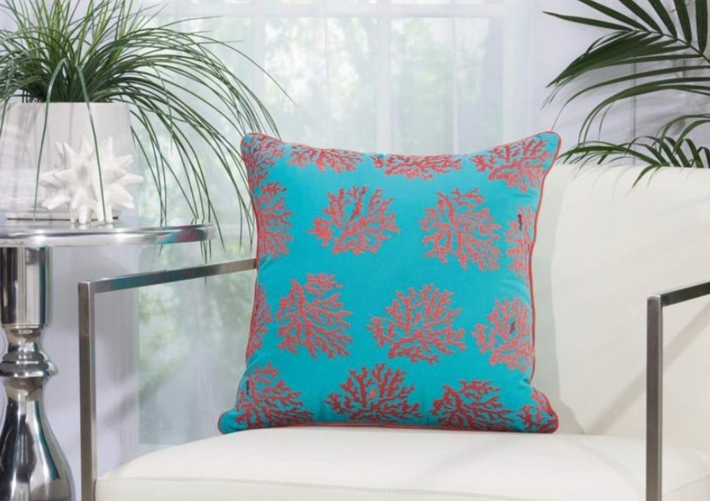 MINA VICTORY TURQUOISE & CORAL INDOOR/OUTDOOR PILLOW! 18x 18 – COASTAL  ELEGANCE