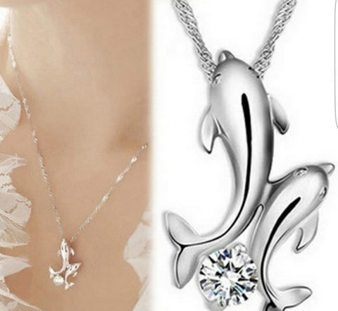 GORGEOUS  Double Dolphin Necklace SILVER w/CRYSTAL