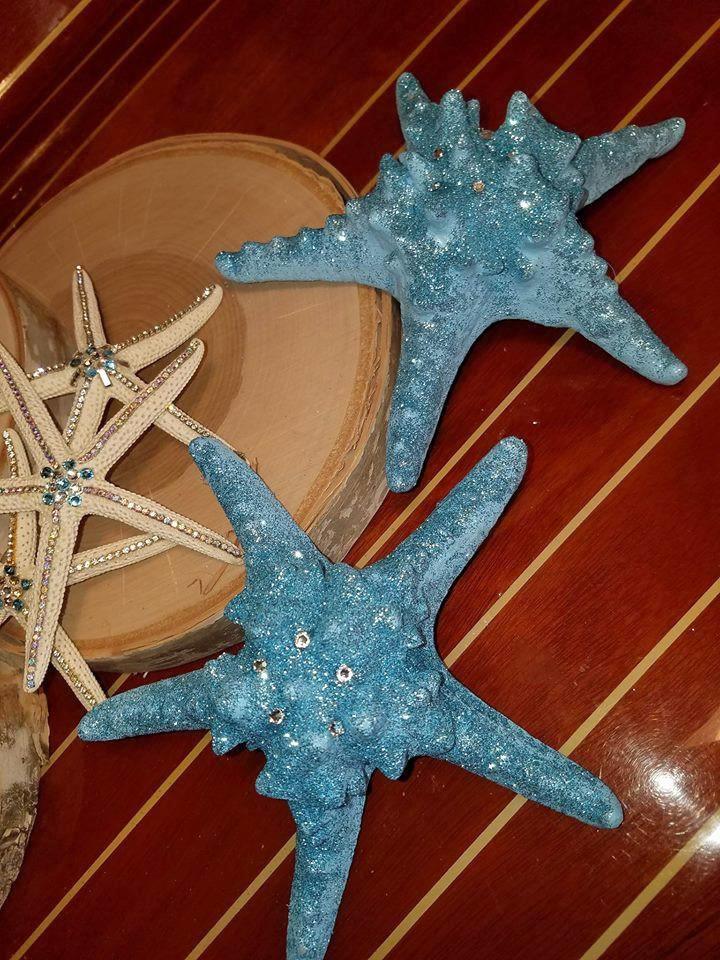 PAIR Glamourized SHIMMERING CORAL or BLUE Starfish with Swarovski